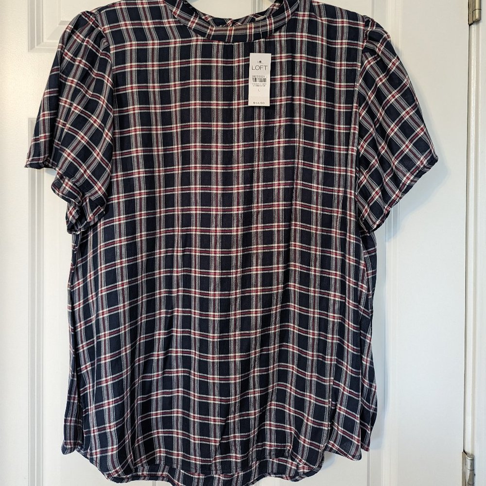NWT Loft Size Large Red, White and Navy Plaid Blouse